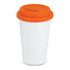 A coffee cup with a double wall design, featuring a full-color white body and an orange silicone lid.