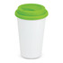 A double wall coffee cup in full colour with a white body and a bright green lid.