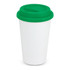 A coffee cup with a white body and a green lid, featuring a logo on the surface.