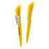 A yellow plastic pen with a unique design and a branding logo on its side.
