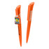 An orange plastic pen featuring a train design and a grooved grip.
