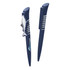 A blue plastic pen with a fish-shaped clip and a logo, featuring a sleek design and a silver grip.