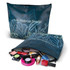 A large teal cosmetic bag with leaf designs, partially filled with various makeup products and a logo.