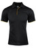 A black polo shirt featuring a yellow trim and a collar, with a logo on the label.
