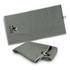 A grey waffle golf towel with a clip for attachment and a logo displayed on one side.