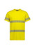 A bright yellow cotton tee shirt with segmented reflective tape across the chest and sleeves, featuring a logo.