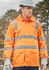 A waterproof unisex jacket in bright orange with reflective strips, designed for workwear, featuring a logo.