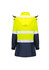 A waterproof women's jacket featuring high visibility yellow and navy blue colours, with reflective stripes and a hood.