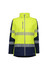 A women's 2 in 1 stretch softshell jacket in high visibility yellow and navy, featuring reflective stripes and a logo.