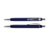 A soft-touch navy pen with silver accents, featuring a sleek design and a clip for easy attachment.