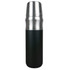 A drink bottle featuring a stainless steel top and a matte black body, equipped with a logo.