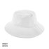 A white PQ Mesh Bucket Hat featuring a wide brim and a logo on the side.