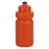 A drink bottle in bright orange with a black lid, featuring a simple, rounded design and a logo.