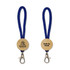 A wooden keytag with a blue fabric strap and a metal clip, featuring a branding logo on one side.