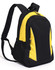 A black and yellow backpack with a zipper, side mesh pockets, and adjustable shoulder straps. It features a logo.