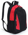 A black and red backpack with adjustable straps and a mesh side pocket. It features a zippered main compartment and a logo.