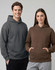 A grey unisex oversized hoodie and a brown unisex oversized hoodie, featuring a front pocket and a hood.
