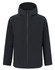 A unisex black waterproof jacket with a hood and front zipper, featuring a logo on the material.