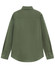 A ladies' long-sleeve shirt in olive green with a back view, featuring a collar and buttoned cuffs, has a logo.