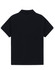 A classic short-sleeve polo shirt in black, featuring a collared neckline and a logo on the back.