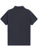 A navy blue short-sleeved polo shirt with a collar and a logo.