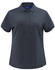 A dark grey ladies' short sleeve polo shirt with a collar and buttons, featuring a branded label inside.