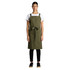 An olive green apron with a waist tie and pockets, worn over a white t-shirt and black pants.