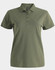 A green ladies ultrafine cotton pique polo featuring a collar and three buttons, with a logo on the chest.