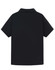 A black high-performance polo shirt with a collared design and short sleeves. Features branding on the garment.