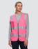 A pink high-visibility safety vest with reflective stripes and utility pockets, worn by a model.