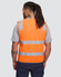 An orange high visibility safety vest with reflective stripes, featuring utility pockets and a logo.