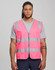 A pink hi-vis safety zip vest with reflective stripes and utility pockets, worn by a model.
