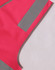 A bright pink safety vest featuring grey reflective strips and utility pockets, with a logo on the fabric.