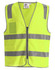 A bright yellow zip vest featuring reflective stripes and utility pockets, with a logo on the fabric.