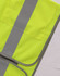 A bright yellow high-visibility safety vest featuring grey reflective stripes and utility pockets.
