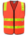 An orange safety vest featuring reflective yellow strips and a zipper front. It has a logo on the front.