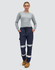 Navy blue work pants with reflective tape, featuring pockets and a comfortable fit, modelled by a woman.