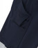 A close-up of navy blue work pants featuring multiple utility pockets and a branding logo.