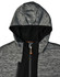 A black and grey patterned workwear hoodie with a hood and zippered front pocket. It features branding on the design.
