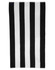 A striped beach towel featuring alternating black and white stripes. The towel includes a logo in one corner.