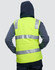 A unisex hi-vis hooded puffer vest in fluorescent yellow with grey sleeves and reflective stripes.