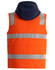 A bright orange unisex hooded puffer vest with reflective strips and a navy hood at the back.