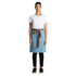 A denim half apron in light blue with a brown waist tie, displayed on a model wearing a white T-shirt and black pants.