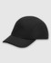 A black performance cap featuring a structured design and stitching details, with a logo present.