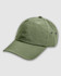 A green washed baseball cap featuring a logo and ventilation eyelets on the sides.