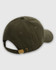 A green dad cap with a metal buckle on the back and a curved brim, featuring a logo.