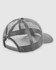 A grey trucker cap featuring a structured front and mesh backing, complete with an adjustable strap.