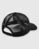 A black structured trucker cap featuring a mesh back and a branded logo.