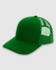 A green trucker cap with a structured front and mesh back, featuring a logo on the side.