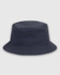 A navy blue bucket hat with a wide brim and a simple design, featuring a logo.
